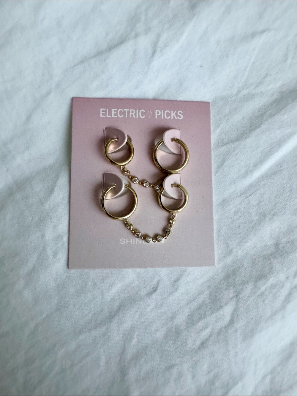 Electric Picks Gold Double Hoop Chain Earrings - Pink Card